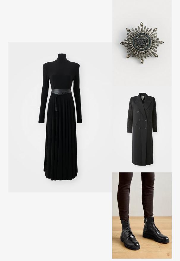 Abrigo negro de corte doble con un cuello afilado, seis botones y detalles de cuentas en las mangas. Tejido suave con una forma ajustada y longitud larga.; Norma Kamali SHOULDER PAD TURTLE FLARED DRESS TO MIDCALF - Vestido ligero - black; Botas negras de cuero hasta el tobillo con detalles de brogue, cordones en la parte delantera, cremalleras laterales y suelas de goma texturizadas. Combinadas con pantalones oscuros de corte slim.; Broche en forma de estrella en metal de tono plateado con rhinestones transparentes. El diseño central presenta un emblema circular con un detallado intrincado.