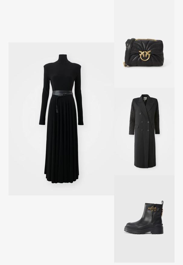 Sort dobbeltradet frakke med en skarp krave, seks knapper og perledetaljer på ærmet. Glat stof med en skræddersyet form og lang længde.; Norma Kamali SHOULDER PAD TURTLE FLARED DRESS TO MIDCALF - Jerseykjole - black; Sorte læder ankelstøvler med rund tå og kraftig gummisål. Har guldhardwaredetaljer og en trækflig. Glat tekstur.; Sort læderhåndtaske med kviltet design, prydet med en guldfarvet lukning formet som to fugle og en kædestrop.