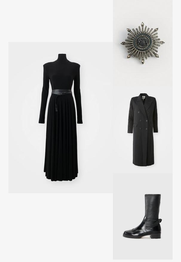 Abrigo negro de corte doble con un cuello afilado, seis botones y detalles de cuentas en las mangas. Tejido suave con una forma ajustada y longitud larga.; Norma Kamali SHOULDER PAD TURTLE FLARED DRESS TO MIDCALF - Vestido ligero - black; Botín negro con parte superior de cuero suave, detalles de brogue, puntera redondeada y tacón bloque de altura media. Presenta un eje suave y texturizado.; Broche en forma de estrella en metal de tono plateado con rhinestones transparentes. El diseño central presenta un emblema circular con un detallado intrincado.