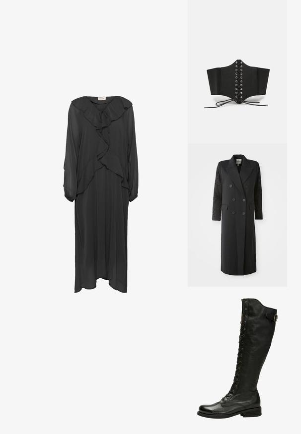 Sort dobbeltradet frakke med en skarp krave, seks knapper og perledetaljer på ærmet. Glat stof med en skræddersyet form og lang længde.; Soaked in Luxury SLMaxi - Maxikjoler - black; Sorte læder knæhøje støvler med snørebånd foran, sølvøjer og sidebælte. Har en tekstureret overflade og stablet hæl.; Sort korset lavet af et glat materiale, med metaløjer, snørebånd til justering, og en struktureret form med brede sidepaneler.