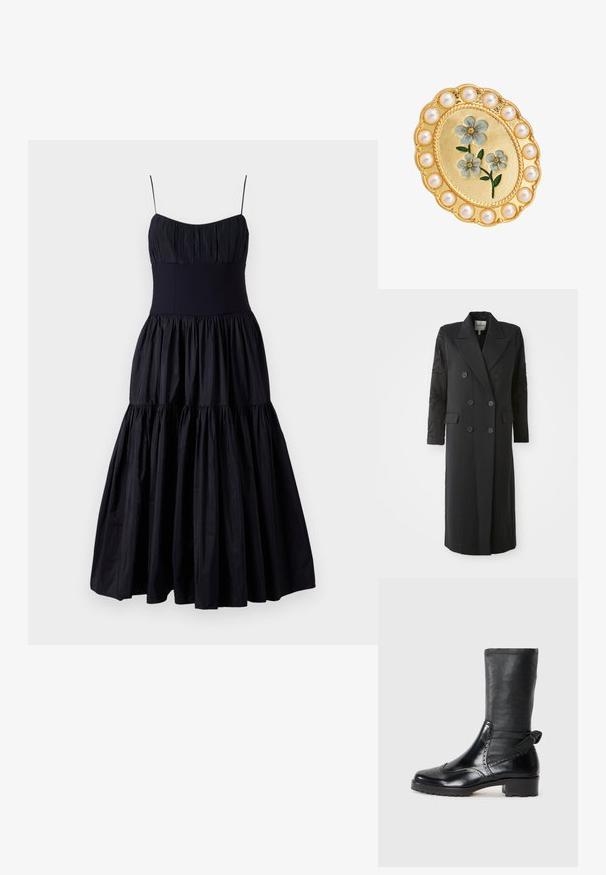Zwarte dubbelgeknoopte jas met een scherpe kraag, zes knopen en een bewerkte detail op de mouw. Gladde stof met een op maat gemaakte vorm en lange lengte.; Cinq à Sept GINNY DRESS - Cocktailjurk - navy; Zwarte enkelboot met een soepele leren bovenkant, brogue details, ronde neus en een blokhak van gemiddelde hoogte. Voorzien van een zachte, gestructureerde schacht.; Gouden ovale broche met blauwe emaillen bloemen in het midden, omringd door een rand van ronde witte parels.