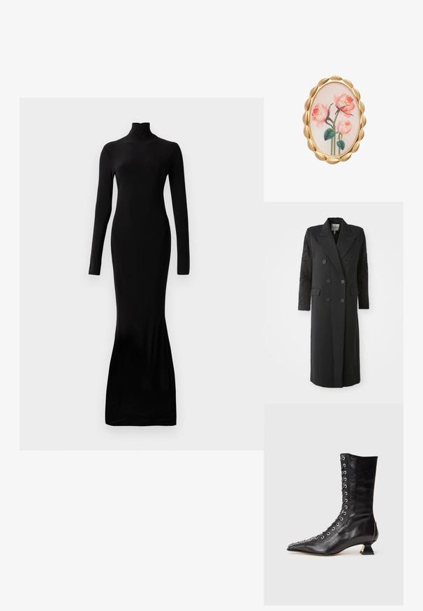 Abrigo negro de corte doble con un cuello afilado, seis botones y detalles de cuentas en las mangas. Tejido suave con una forma ajustada y longitud larga.; Vestido negro de manga larga con cuello alto. Fabricado con una tela suave. Diseño ajustado que se extiende hasta un dobladillo acampanado en la parte inferior.; Botín de cuero negro hasta el tobillo con punta afilada, cordones en la parte delantera, ojetes metálicos, tacón bajo y un diseño elegante. Textura suave, silueta moderna.; Broche ovalada con un borde acanalado en tonalidad dorada, que presenta un diseño floral de rosas rosas sobre un fondo claro. Textura suave y gráficos detallados.