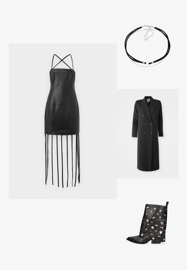 Manteau noir croisé avec un col prononcé, six boutons et des détails perlés sur les manches. Tissu lisse avec une coupe cintrée et une longueur longue.; Robe en cuir noir avec de fines bretelles croisées à l'arrière, corsage ajusté et franges pendantes au niveau de l'ourlet. Texture lisse et design minimaliste.; Bottine en cuir noir avec des clous en métal argenté dispersés et un talon légèrement incliné, présentant un bout pointu et une languette à l'arrière.; Elli CHOKER - Collier - silberfarben