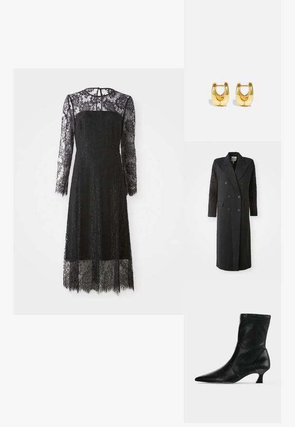Schwarzer, doppelt geknöpfter Mantel mit scharfem Kragen, sechs Knöpfen und Perlendetails an den Ärmeln. Glatte Stoffqualität mit taillierter Passform und langer Länge.; Schwarzes Spitzenkleid mit langen Ärmeln, tailliertem Oberteil und gefüttertem Blumenmuster. Mittellang mit gewelltem Saum und einem Schlüssellochausschnitt auf der Rückseite.; Schwarzer Leder-Stiefel bis zur Mitte der Wade mit spitzer Schuhspitze und niedrigem Kittenabsatz, seitlich auf hellem einfarbigem Hintergrund gezeigt.; Goldene Creolen mit einem schlanken, abgerundeten Design. Sie verfügen über eine hohle Mitte und eine glänzende Oberfläche, die moderne Stile ergänzen.