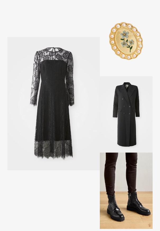 Schwarzer, doppelt geknöpfter Mantel mit scharfem Kragen, sechs Knöpfen und Perlendetails an den Ärmeln. Glatte Stoffqualität mit taillierter Passform und langer Länge.; Schwarzes Spitzenkleid mit langen Ärmeln, tailliertem Oberteil und gefüttertem Blumenmuster. Mittellang mit gewelltem Saum und einem Schlüssellochausschnitt auf der Rückseite.; Schwarze LederStiefeletten mit Brogue-Details, Schnürung, seitlichen Reißverschlüssen und strukturierten Gummi-Sohlen. Kombiniert mit dunklen Slim-Fit-Hosen.; Goldene ovale Brosche mit blauen Emailleblumen in der Mitte, umgeben von einem Kranz aus runden weißen Perlen.