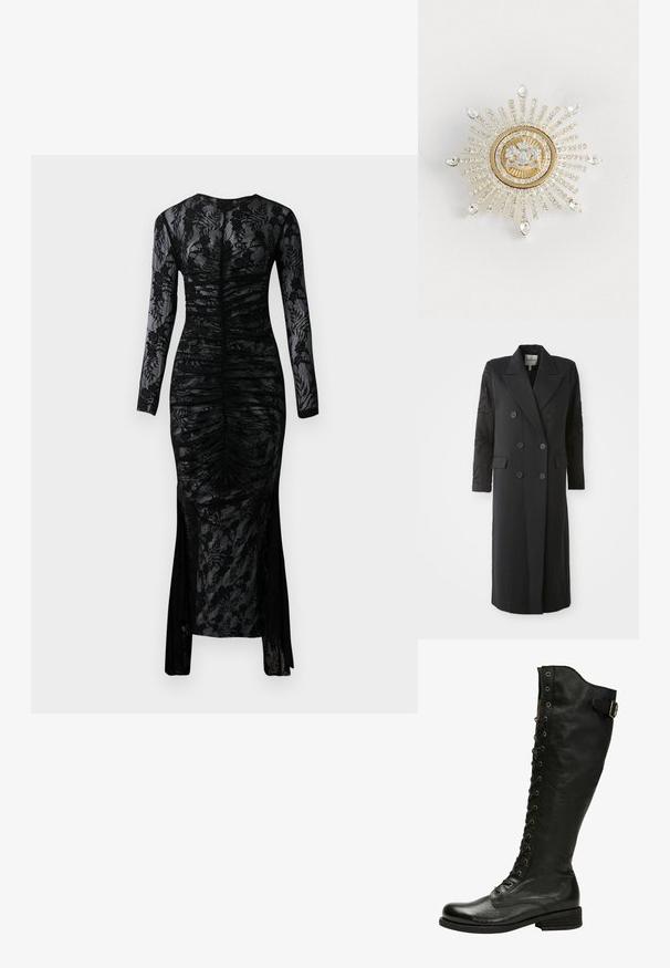 Manteau noir croisé avec un col prononcé, six boutons et des détails perlés sur les manches. Tissu lisse avec une coupe cintrée et une longueur longue.; Robe noire à manches longues avec une silhouette ajustée, tissu froncé et superposition de dentelle floral. Comprend une fente en bas pour un détail supplémentaire.; Botte en cuir noir hauteur genou avec un laçage à l'avant, œillets en métal argenté et boucle sur le côté. Présente une finition texturée et un talon empilé.; Broche en or et argent en forme d'éclat de soleil, avec une grande pierre précieuse claire au centre et des rangées radieuses de petits cristaux clairs, accentuées par des gouttes.