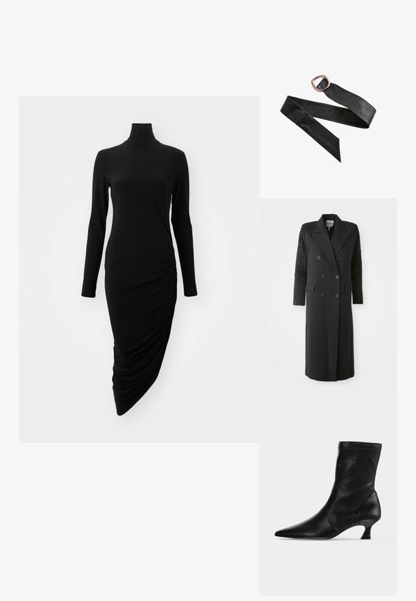 Manteau noir croisé avec un col prononcé, six boutons et des détails perlés sur les manches. Tissu lisse avec une coupe cintrée et une longueur longue.; Robe noire à manches longues avec un col montant, présentant un design froncé sur un côté, fabriquée à partir d'un tissu lisse et extensible.; Botte mi-mollet en cuir noir avec bout pointu et petit talon kitten, vue de profil sur un fond clair uni.; Ceinture en cuir noir avec une grande boucle en bronze de forme rectangulaire arrondie et des extrémités pointues, étalée à plat sur un fond blanc.