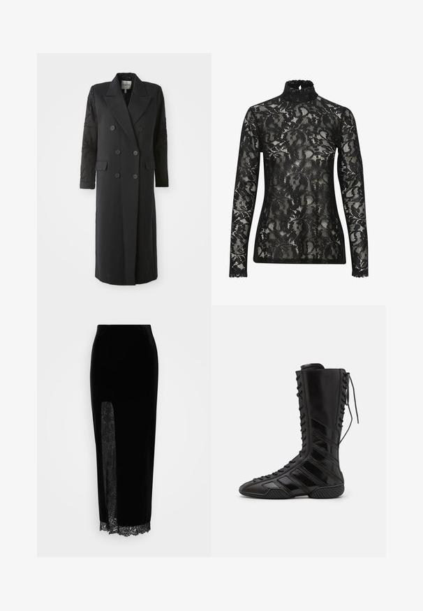 Zwarte dubbelgeknoopte jas met een scherpe kraag, zes knopen en een bewerkte detail op de mouw. Gladde stof met een op maat gemaakte vorm en lange lengte.; Zwarte kant turtleneck top met lange mouwen, voorzien van een intricaat bloemenpatroon en een gegolfde halslijn. Doorzichtig, textured stof.; Zwarte fluwelen rok met een doorschijnend kanten paneel aan één kant, een split en kanten afwerking aan de zoom. Vakkundig ontworpen met een soepele textuur.; Zwarte hoge laarzen van glanzend synthetisch materiaal, met een ingewikkeld vetersluiting ontwerp en diagonale streepaccenten aan de zijkanten.