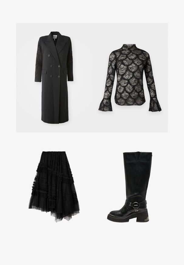 Manteau noir croisé avec un col prononcé, six boutons et des détails perlés sur les manches. Tissu lisse avec une coupe cintrée et une longueur longue.; Haut en dentelle noire avec col montant et manches longues évasées, présentant un motif festonné sur tout le tissu.; Jupe noire asymétrique à plusieurs couches avec des détails en dentelle et volants, composée de panneaux de tissu transparent et opaque.; Botte en cuir noire montante jusqu'au genou avec talon bloc épais, détail d'anneau argenté sur la sangle de cheville et accent métallique sur le côté du talon.