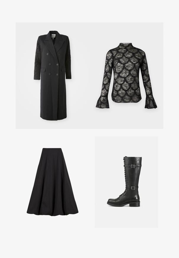 Abrigo negro de corte doble con un cuello afilado, seis botones y detalles de cuentas en las mangas. Tejido suave con una forma ajustada y longitud larga.; Top de encaje negro con cuello alto y mangas largas acampanadas, con un patrón de borde festoneado en toda la tela.; Falda negra de largo completo hecha de tela suave, con pliegues y cintura alta. El diseño ofrece una silueta fluida y un amplio volumen.; Botas altas de cuero negro con cordones en la parte delantera, hebillas en los laterales, textura suave, punta redondeada y un tacón bajo resistente.