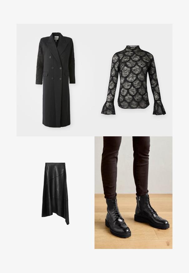 Manteau noir croisé avec un col prononcé, six boutons et des détails perlés sur les manches. Tissu lisse avec une coupe cintrée et une longueur longue.; Haut en dentelle noire avec col montant et manches longues évasées, présentant un motif festonné sur tout le tissu.; Jupe en cuir noir avec un ourlet asymétrique et un design en panneaux, dotée d'une texture lisse et d'un éclat subtil.; Bottines en cuir noir avec des détails de brogue, un laçage à l'avant, des fermetures éclair sur les côtés et des semelles en caoutchouc texturé. Associées à un pantalon slim noir.