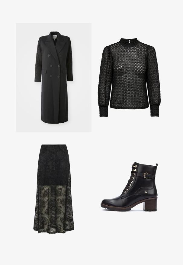 Manteau noir croisé avec un col prononcé, six boutons et des détails perlés sur les manches. Tissu lisse avec une coupe cintrée et une longueur longue.; Blouse noire transparente avec un motif texturé, un col montant, de longues manches bouffantes et un détail en trou de serrure au dos avec fermeture à bouton.; Jupe maxi en dentelle noire avec motif floral et partie inférieure transparente. La taille élastique et la section supérieure unie offrent une texture et un design contrastants.; Bottines en cuir noir avec des accessoires dorés, bout rond, design à lacets et un talon épais avec finition bois. Présente une accentuation par une sangle sur le côté.