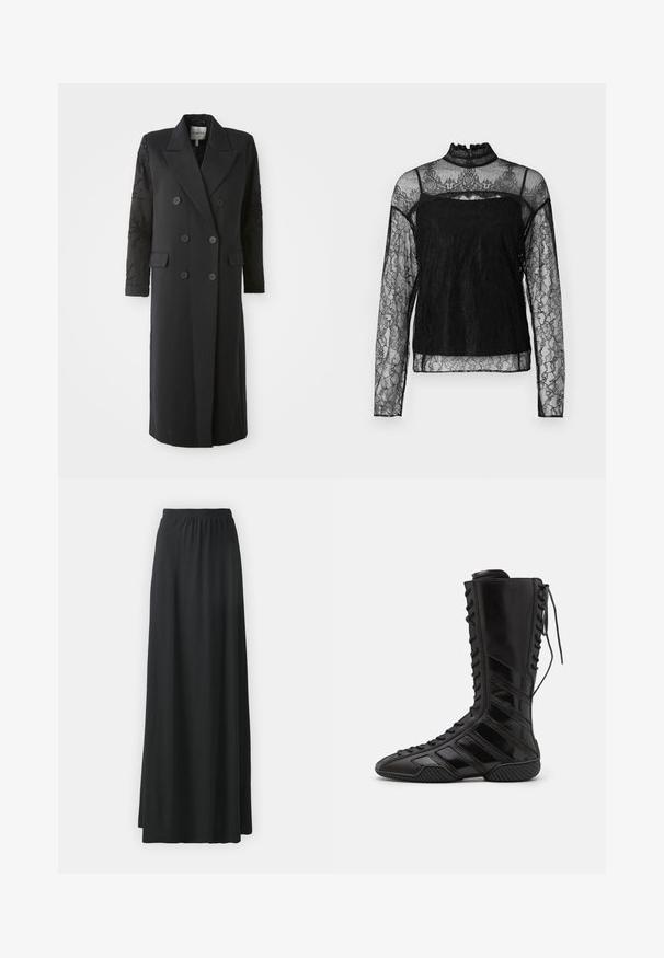 Manteau noir croisé avec un col prononcé, six boutons et des détails perlés sur les manches. Tissu lisse avec une coupe cintrée et une longueur longue.; Haut en dentelle noir à manches longues avec col haut, motif floral complexe, tissu transparent et panneau solide sur la zone de la poitrine.; Jupe maxi noire en tissu doux et extensible avec une taille élastique, présentant une silhouette fluide en A.; Bottes montantes noires en matériau synthétique brillant, présentant un design de laçage sophistiqué et des accents de rayures diagonales sur les côtés.