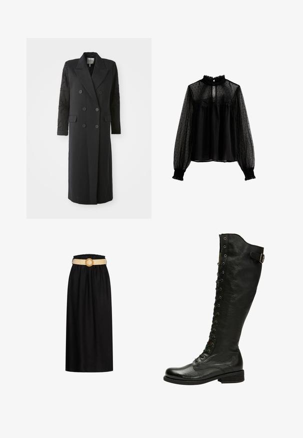 Abrigo negro de corte doble con un cuello afilado, seis botones y detalles de cuentas en las mangas. Tejido suave con una forma ajustada y longitud larga.; Blusa negra transparente con cuello alto con volantes, textura de lunares, detalles de encaje en el busto y mangas largas abullonadas con puños fruncidos.; Falda midi negra hecha de una tela suave, con una cinturilla elástica y un cinturón tejido beige con una hebilla circular.; Bota de cuero negro hasta la rodilla con cordones en el frente, ojales de plata y hebilla lateral. Presenta un acabado texturizado y tacón apilado.