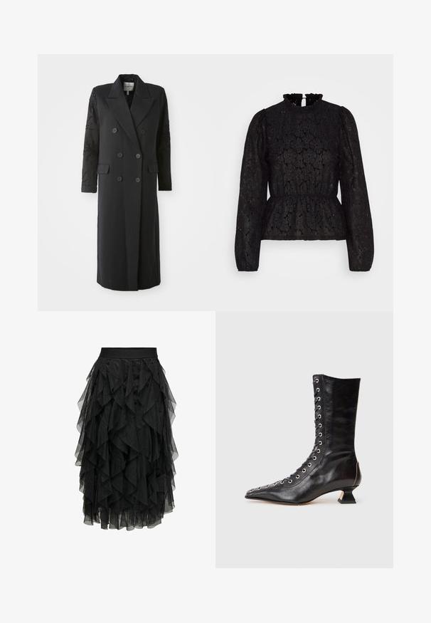 Manteau noir croisé avec un col prononcé, six boutons et des détails perlés sur les manches. Tissu lisse avec une coupe cintrée et une longueur longue.; Pieces PCJANESSA - T-shirt à manches longues - black; Jupe noire en tulle superposé avec un design à volants. Elle dispose d'une taille élastique. Le tissu transparent ajoute de la texture et du mouvement.; Bottine noire en cuir avec un bout pointu, laçage à l'avant, œillets en métal, petit talon block et un design épuré. Texture lisse, silhouette moderne.