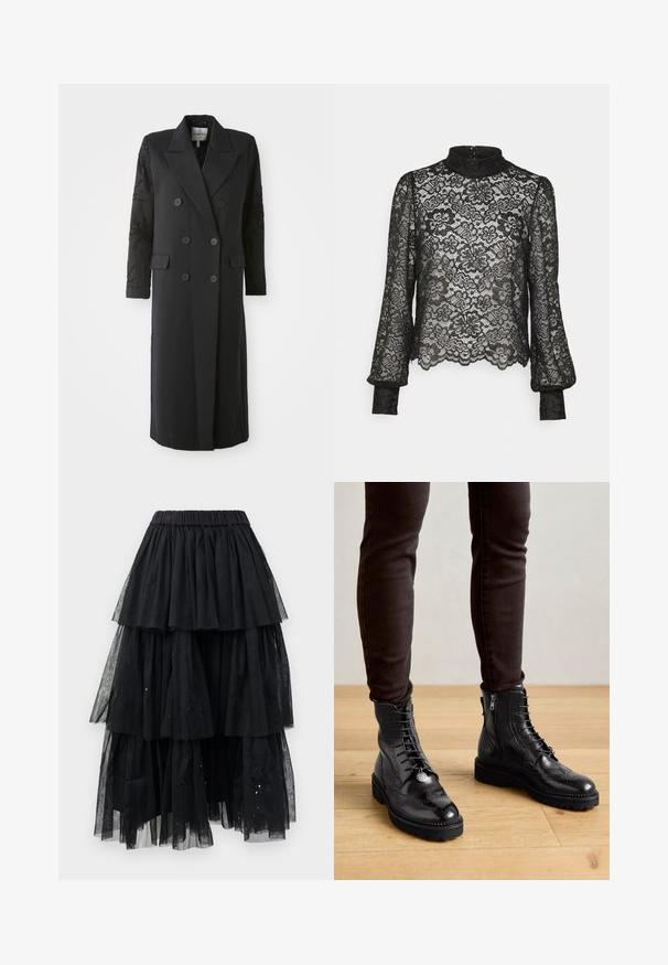 Abrigo negro de corte doble con un cuello afilado, seis botones y detalles de cuentas en las mangas. Tejido suave con una forma ajustada y longitud larga.; Pieces Petite PCMARIKA - Blusa - black; Falda de tul negro en capas con cinturilla elástica y un diseño en cascada con longitudes variables y sutiles toques de purpurina.; Botas negras de cuero hasta el tobillo con detalles de brogue, cordones en la parte delantera, cremalleras laterales y suelas de goma texturizadas. Combinadas con pantalones oscuros de corte slim.