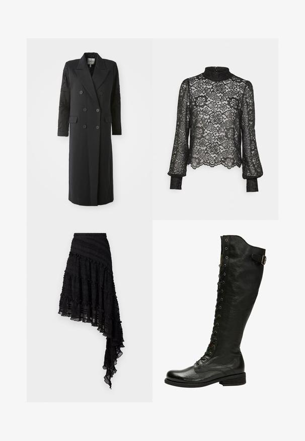 Sort dobbeltradet frakke med en skarp krave, seks knapper og perledetaljer på ærmet. Glat stof med en skræddersyet form og lang længde.; Pieces Petite PCMARIKA - Bluse - black; Sort asymmetrisk nederdel med teksturerede plisseringer, lagdelte flæser og en smocket talje. Letvægtsstof med en gennemsigtig finish.; Sorte læder knæhøje støvler med snørebånd foran, sølvøjer og sidebælte. Har en tekstureret overflade og stablet hæl.