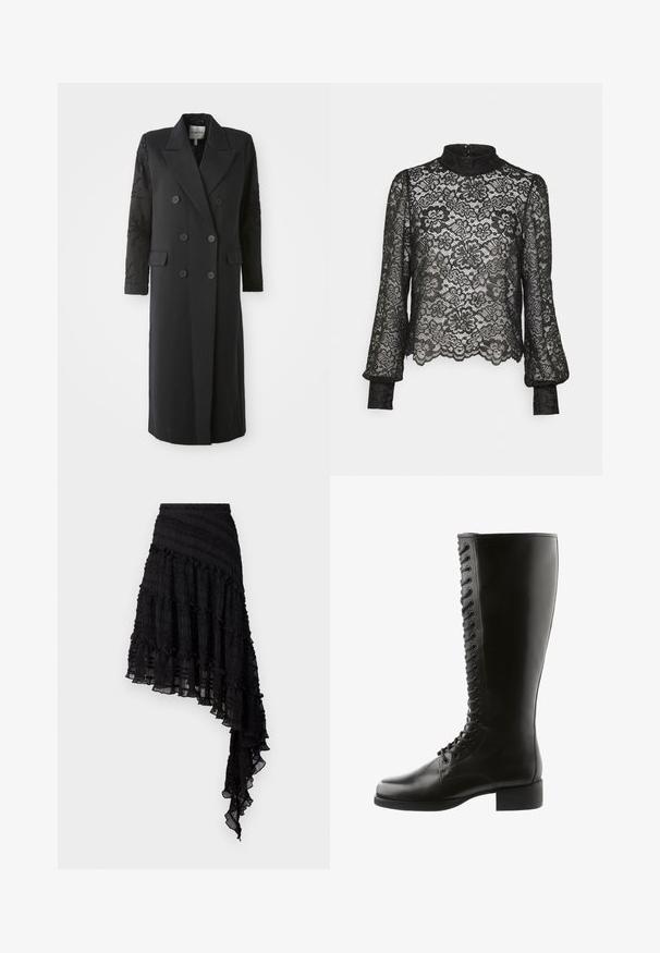 Sort dobbeltradet frakke med en skarp krave, seks knapper og perledetaljer på ærmet. Glat stof med en skræddersyet form og lang længde.; Pieces Petite PCMARIKA - Bluse - black; Sort asymmetrisk nederdel med teksturerede plisseringer, lagdelte flæser og en smocket talje. Letvægtsstof med en gennemsigtig finish.; Sorte læder støvler til knæhøjde med snørebånd foran, rund tå og blokhæl, med en glat overflade og ingen synlige mønstre.