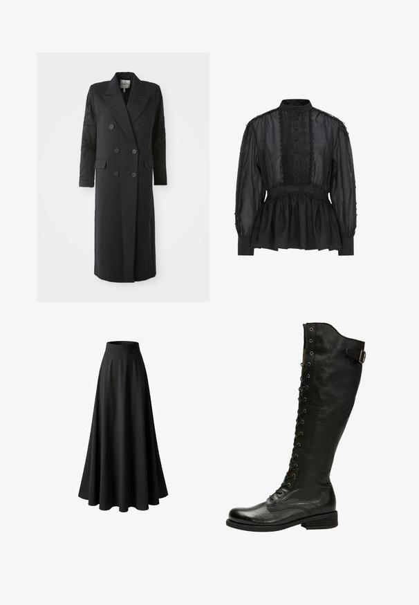 Zwarte dubbelgeknoopte jas met een scherpe kraag, zes knopen en een bewerkte detail op de mouw. Gladde stof met een op maat gemaakte vorm en lange lengte.; Zwarte doorschijnende blouse met lange mouwen, bloemenkant paneel, knoopsluiting, geplooide taille en een hoge kraag.; Lange zwarte rok met hoge taille en brede uitlopende zoom van gladde stof, weergegeven op een witte achtergrond.; Zwarte leren kniehoog laars met vetersluiting aan de voorkant, zilveren oogjes en een bucklet aan de zijkant. Heeft een gestructureerde afwerking en een gestapelde hak.