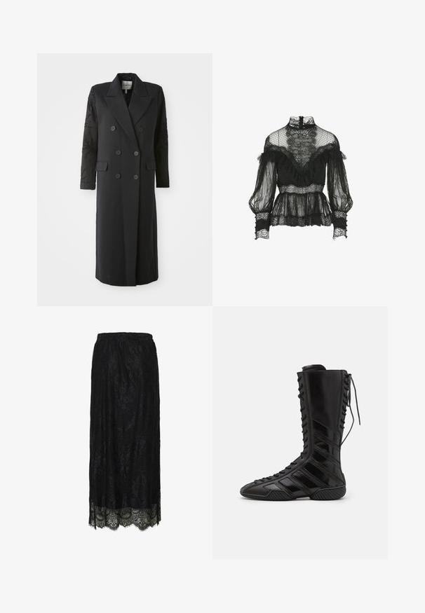 Zwarte dubbelgeknoopte jas met een scherpe kraag, zes knopen en een bewerkte detail op de mouw. Gladde stof met een op maat gemaakte vorm en lange lengte.; Luisa Spagnoli Lauco- Blouse - Fashion Show - Blouse - nero; Zwarte kant midi-rok met scalloped zoom en bloemmotief, voorzien van een elastische tailleband.; Zwarte hoge laarzen van glanzend synthetisch materiaal, met een ingewikkeld vetersluiting ontwerp en diagonale streepaccenten aan de zijkanten.