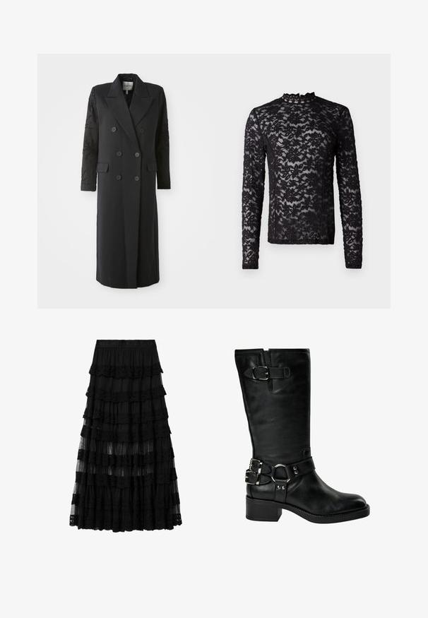 Manteau noir croisé avec un col prononcé, six boutons et des détails perlés sur les manches. Tissu lisse avec une coupe cintrée et une longueur longue.; Haut en dentelle noire à manches longues transparentes avec un motif floral et un col haut doté d'une petite finition à volants.; Jupe midi en dentelle noire à volants avec une taille élastique embossée du nom de la marque, avec des panneaux de tissu superposés transparents et opaques.; Botte noire en cuir jusqu'au milieu du mollet avec un talon bas carré, deux boucles argentées à la cheville, une boucle près du haut, et une sangle avec un détail en anneau métallique.