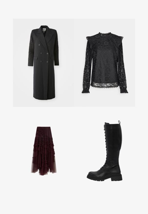 Manteau noir croisé avec un col prononcé, six boutons et des détails perlés sur les manches. Tissu lisse avec une coupe cintrée et une longueur longue.; PIECES Tall PCOLLINE - Blouse - black; Jupon en tulle bordeaux avec des couches volantes, une taille élastique et des longueurs variées, offrant une texture douce et légère.; Des bottes hautes en cuir noir présentent un avant lacé, une semelle robuste avec des rainures et un large tige pour un port confortable.