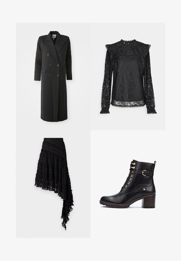 Sort dobbeltradet frakke med en skarp krave, seks knapper og perledetaljer på ærmet. Glat stof med en skræddersyet form og lang længde.; PIECES Tall PCOLLINE - Bluse - black; Sort asymmetrisk nederdel med teksturerede plisseringer, lagdelte flæser og en smocket talje. Letvægtsstof med en gennemsigtig finish.; Sorte læderankelstøvler med guldfarvet hardware, rund tå, snørebåndsdesign og en chunky hæl i træfinish. Indeholder en side-rem som accent.