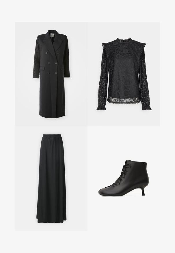 Sort dobbeltradet frakke med en skarp krave, seks knapper og perledetaljer på ærmet. Glat stof med en skræddersyet form og lang længde.; PIECES Tall PCOLLINE - Bluse - black; Sort maxi nederdel lavet af blød, strækbar stof med elastisk liv, der har en svajende, A-formet silhuet.; Sort læder ankelstøvle med front snørebånd og lav kitten-hæl på hvid baggrund.