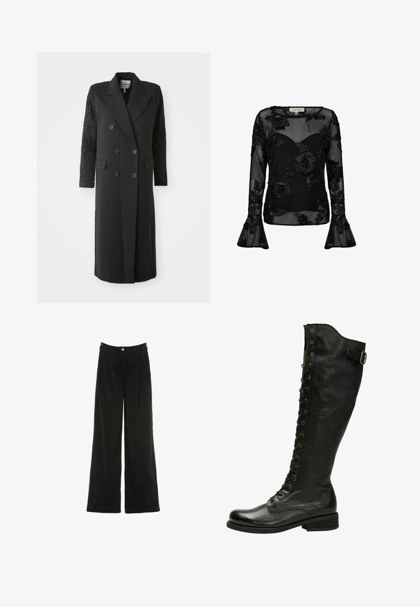 Abrigo negro de corte doble con un cuello afilado, seis botones y detalles de cuentas en las mangas. Tejido suave con una forma ajustada y longitud larga.; Blusa negra transparente con patrones florales bordados. Presenta mangas largas con puños acampanados y un escote corazón. Textura suave.; Pantalones de pana anchos negros con pliegues, que cuentan con un cierre de botón dorado y una superficie texturizada. No hay bolsillos visibles.; Bota de cuero negro hasta la rodilla con cordones en el frente, ojales de plata y hebilla lateral. Presenta un acabado texturizado y tacón apilado.