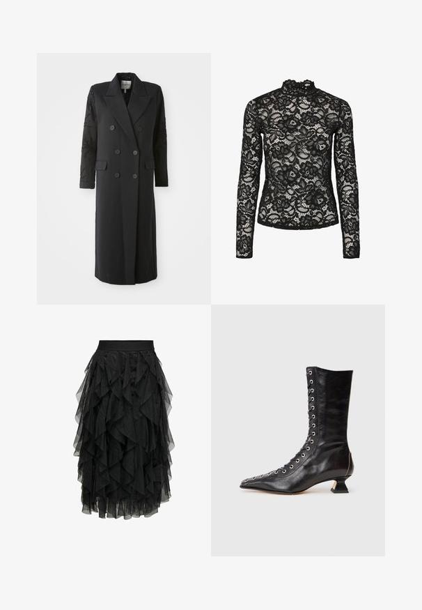 Manteau noir croisé avec un col prononcé, six boutons et des détails perlés sur les manches. Tissu lisse avec une coupe cintrée et une longueur longue.; Haut en dentelle noire à manches longues avec col haut agrémenté d'une bordure à volants, motifs floraux et texture transparente. Conçu pour un ajustement près du corps.; Jupe noire en tulle superposé avec un design à volants. Elle dispose d'une taille élastique. Le tissu transparent ajoute de la texture et du mouvement.; Bottine noire en cuir avec un bout pointu, laçage à l'avant, œillets en métal, petit talon block et un design épuré. Texture lisse, silhouette moderne.