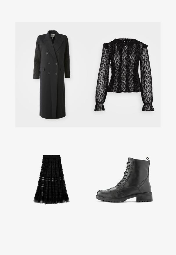 Manteau noir croisé avec un col prononcé, six boutons et des détails perlés sur les manches. Tissu lisse avec une coupe cintrée et une longueur longue.; Haut en dentelle noire à manches longues avec une coupe ajustée, des détails volantés aux épaules et aux poignets, et un motif floral texturé tout au long.; Jupe en dentelle noire à volants avec ceinture élastique comportant un texte de logo subtil embossé sur la bande.; Bottine en cuir noir avec détails brogués, design à lacets, semelle robuste et une languette au talon pour un enfilage facile.