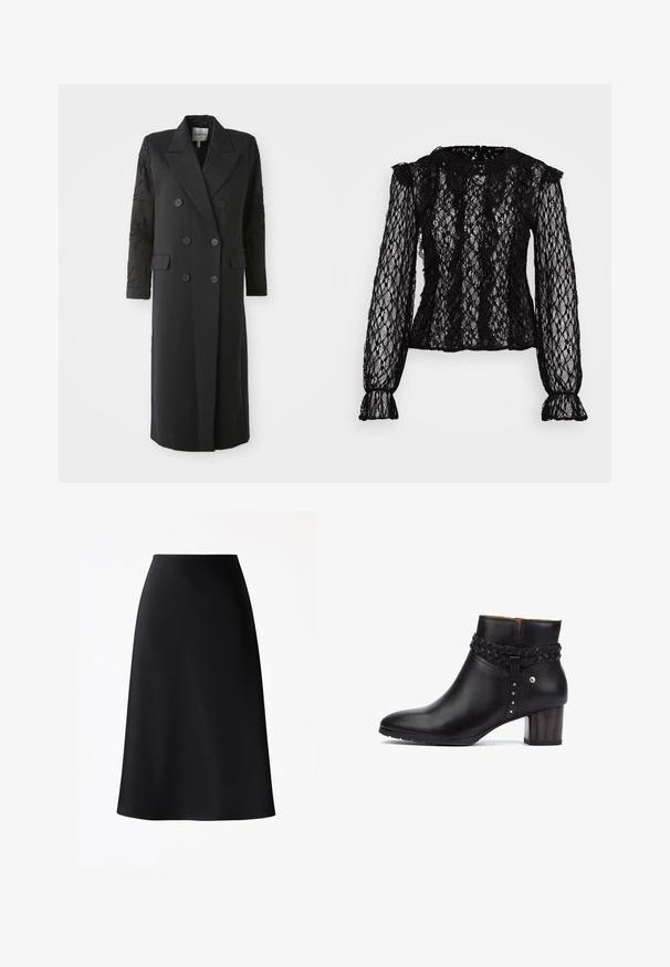 Manteau noir croisé avec un col prononcé, six boutons et des détails perlés sur les manches. Tissu lisse avec une coupe cintrée et une longueur longue.; Haut en dentelle noire à manches longues avec une coupe ajustée, des détails volantés aux épaules et aux poignets, et un motif floral texturé tout au long.; Jupe noire trapèze en tissu lisse et doux. Caractérisée par une taille haute et un ourlet arrivant au genou. Design simple sans motifs ni accents visibles.; Pikolinos CALAFAT - Boots à talons - black
