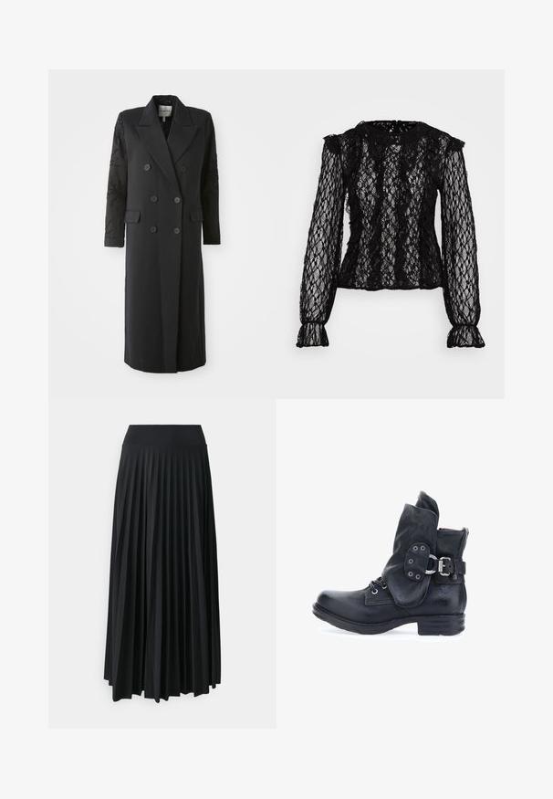 Abrigo negro de corte doble con un cuello afilado, seis botones y detalles de cuentas en las mangas. Tejido suave con una forma ajustada y longitud larga.; Top de encaje negro de manga larga con un diseño ajustado, detalles con volantes en los hombros y puños, y un patrón floral texturizado en toda la prenda.; Falda maxi negra con pliegues y cinturilla elástica ancha. Fabricada con un tejido suave y fluido, presenta pliegues verticales para añadir textura.; Bota de cuero negro hasta el tobillo con puño doblado, parte delantera con cordones y una correa lateral con hebilla de metal y ojetes. Acabado texturizado.