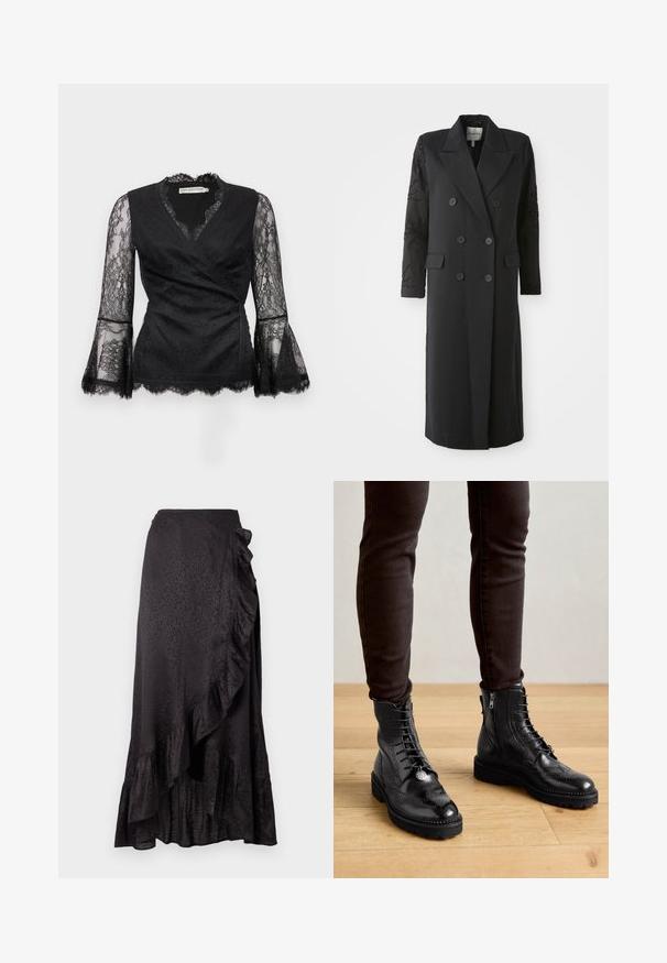 Manteau noir croisé avec un col prononcé, six boutons et des détails perlés sur les manches. Tissu lisse avec une coupe cintrée et une longueur longue.; Blouse portefeuille en dentelle noire avec col en V, manches évasées en dentelle transparente et bords festonnés, affichant des motifs floraux en dentelle complexes.; Jupe en satin noir avec un ourlet froncé et des détails sur le côté. Le motif léopard texturé ajoute un intérêt visuel. Silhouette longue et fluide.; Bottines en cuir noir avec des détails de brogue, un laçage à l'avant, des fermetures éclair sur les côtés et des semelles en caoutchouc texturé. Associées à un pantalon slim noir.