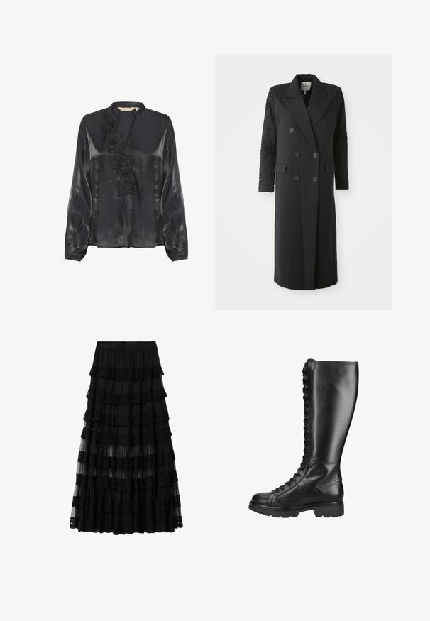 Zwarte dubbelgeknoopte jas met een scherpe kraag, zes knopen en een bewerkte detail op de mouw. Gladde stof met een op maat gemaakte vorm en lange lengte.; Culture CUFIOLA - Blouse - black; Zwarte gelaagde kanten midi-rok met elastische tailleband met merknaam in reliëf, met doorschijnende en stevige gelaagde stoffen panelen.; Hoge zwarte leren veterlaars met dikke zool en ronde neus, ontworpen voor zowel stijl als duurzaamheid.