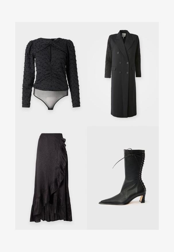 Abrigo negro de corte doble con un cuello afilado, seis botones y detalles de cuentas en las mangas. Tejido suave con una forma ajustada y longitud larga.; Hofmann Copenhagen EXCLUSIVE ALEXANDRA - Blusa - black; Falda de satén negra con un dobladillo rizado y detalles laterales. El patrón de leopardo texturizado añade interés visual. Silueta larga y fluida.; Botín de cuero negro con punta puntiaguda, tacón delgado, detalle de cordones en la parte trasera y ojales metálicos. Textura suave con un diseño elegante.