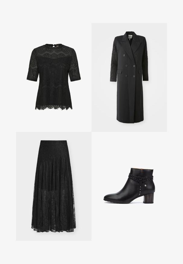Mustmust skeriga musta värviga meeste jope terava kaeluse, kuue nupu ja käisel olevate helmestega detailidega. Üks korralik materjal, millel on kohandatud lõige ja pikk pikkus.; Must mustriga lühikeste varrukatega. Omab keerukaid lillemotiive, lainelist hemmi ja võtmeaugu taga kinnitust. Poolkahvatu tekstuur.; Must pitsist seeliskleit voolava, kihilise disainiga. Omab vöökohaga paela, peeneid lilleornamente ja läbipaistvat tekstuuri. Pikkus ulatub poolde vasikasse.; Pikolinos CALAFAT - Poolsaapad - black