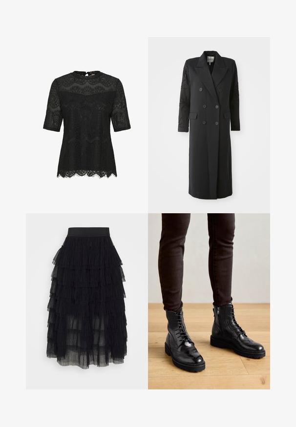 Manteau noir croisé avec un col prononcé, six boutons et des détails perlés sur les manches. Tissu lisse avec une coupe cintrée et une longueur longue.; Top en dentelle noire à manches courtes. Présente des motifs floraux complexes, un ourlet festonné et une fermeture en trou de serrure au dos. Texture semi-transparente.; Jupe en tulle noir avec des volants superposés, taille élastique et texture transparente. Design fluide avec des longueurs de volants variées.; Bottines en cuir noir avec des détails de brogue, un laçage à l'avant, des fermetures éclair sur les côtés et des semelles en caoutchouc texturé. Associées à un pantalon slim noir.