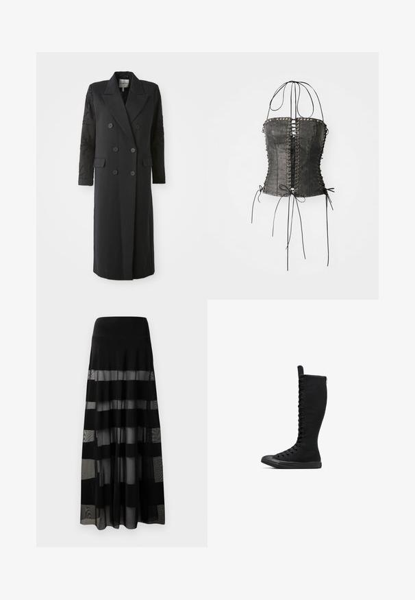 Sort dobbeltradet frakke med en skarp krave, seks knapper og perledetaljer på ærmet. Glat stof med en skræddersyet form og lang længde.; Jaded London LONGLINE LACE UP HALTER CORSET - Top - black; Sort maxiskørt med en tætsiddende talje, der har gennemsigtige paneler og lette striber. Letvægtsstof med en glat tekstur.; Sorte høje canvasstøvler med rund tå, lynlås og snørebånd foran. Har en tekstureret overflade og gummisål.