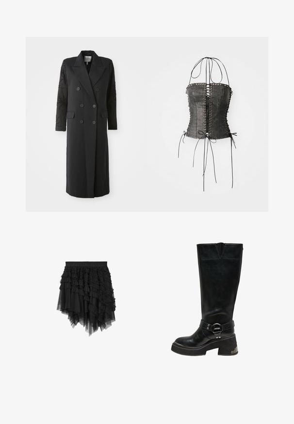 Zwarte dubbelgeknoopte jas met een scherpe kraag, zes knopen en een bewerkte detail op de mouw. Gladde stof met een op maat gemaakte vorm en lange lengte.; Jaded London LONGLINE LACE UP HALTER CORSET - Top - black; Zwarte asymmetrische gelaagde tule rok met meerdere geplooide lagen en een elastische tailleband met geperste merktekst.; Zwarte leren kniehoogte laars met een stevige blokhak, zilveren ringdetail op de enkelband en metalen accent aan de hielzijde.