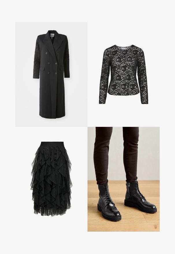 Manteau noir croisé avec un col prononcé, six boutons et des détails perlés sur les manches. Tissu lisse avec une coupe cintrée et une longueur longue.; Blouse en dentelle noire à manches longues. Motif floral, design texturé, encolure arrondie et tissu transparent. Coupe ajustée, apparence élégante.; Jupe noire en tulle superposé avec un design à volants. Elle dispose d'une taille élastique. Le tissu transparent ajoute de la texture et du mouvement.; Bottines en cuir noir avec des détails de brogue, un laçage à l'avant, des fermetures éclair sur les côtés et des semelles en caoutchouc texturé. Associées à un pantalon slim noir.