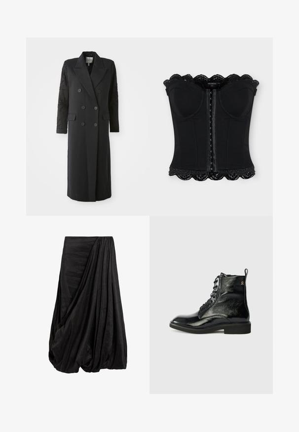 Manteau noir croisé avec un col prononcé, six boutons et des détails perlés sur les manches. Tissu lisse avec une coupe cintrée et une longueur longue.; Corset noir sans bretelles avec fermeture à crochets à l'avant, bonnets moulés et bordure en dentelle festonnée en haut et en bas.; Jupe drapée noire en tissu doux, présentant des plis intricats et une silhouette fluide avec un détail de taille froncée.; Botte cheville en cuir noir avec une finition brillante, bout rond, lacets sur le devant et un petit logo sur le côté. Semelle plate et hauteur jusqu'à la cheville.