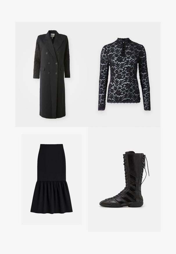 Abrigo negro de corte doble con un cuello afilado, seis botones y detalles de cuentas en las mangas. Tejido suave con una forma ajustada y longitud larga.; Rosemunde Camiseta de manga larga - black; Falda midi negra confeccionada en tela elástica, con cintura ajustada y parte inferior acampanada con pliegues y textura suave.; Botas altas negras de material sintético brillante, con un intrincado diseño de cordones y acentos de rayas diagonales en los costados.
