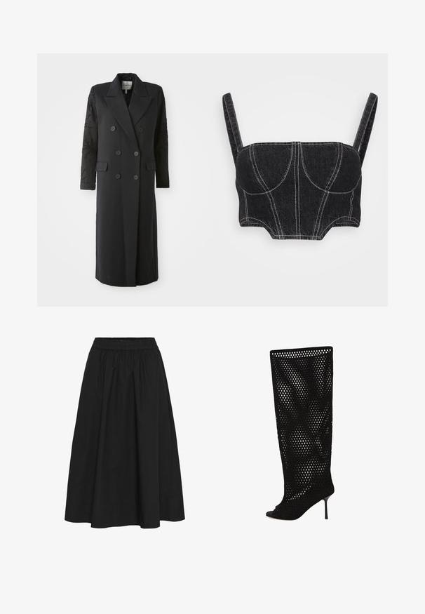 Zwarte dubbelgeknoopte jas met een scherpe kraag, zes knopen en een bewerkte detail op de mouw. Gladde stof met een op maat gemaakte vorm en lange lengte.; Zwarte denim cropped top met dunne bandjes, voorzien van witte stiksels, gestructureerde corsage en gebogen naden. Glad textuur en aansluitend ontwerp.; Zwarte, knie-lange rok van katoen, met een elastische tailleband, ge gathered textuur en een gladde afwerking zonder zichtbare patronen.; Zwarte kniehoge laars met hoge hak, open teen en een diamantvormig geperforeerd meshdesign dat de hele schacht bedekt.