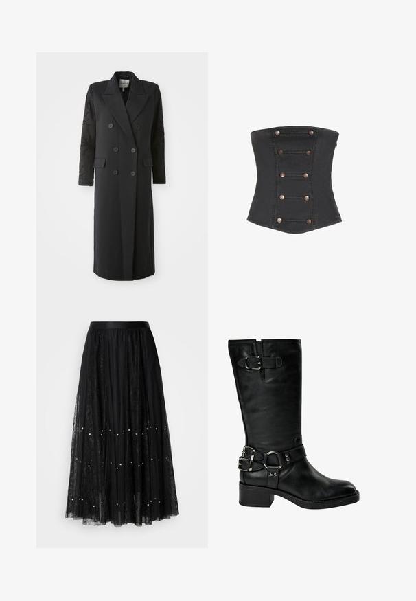 Manteau noir croisé avec un col prononcé, six boutons et des détails perlés sur les manches. Tissu lisse avec une coupe cintrée et une longueur longue.; Corset noir sans bretelles avec six paires de boutons décoratifs en cuivre disposés verticalement à l'avant.; Jupe maxi en dentelle noire avec une ceinture en satin, présentant une couche transparente ornée de paillettes argentées et un motif texturé sur l'ensemble.; Botte noire en cuir jusqu'au milieu du mollet avec un talon bas carré, deux boucles argentées à la cheville, une boucle près du haut, et une sangle avec un détail en anneau métallique.