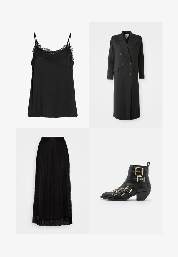 Manteau noir croisé avec un col prononcé, six boutons et des détails perlés sur les manches. Tissu lisse avec une coupe cintrée et une longueur longue.; Camisole noire à bretelles ajustables, dotée d'une bordure en dentelle au niveau de l'encolure. Fabriquée en tissu doux avec une coupe ample et sans motifs visibles.; Jupe maxi noire en dentelle avec un motif texturé, dotée d'une taille lisse et d'un design superposé et fluide.; Bottine en cuir noir avec un bout pointu, dotée de plusieurs sangles ornées de boucles en or et en argent. Design à talon bloc.