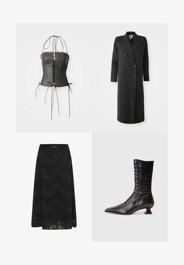 Sort dobbeltradet frakke med en skarp krave, seks knapper og perledetaljer på ærmet. Glat stof med en skræddersyet form og lang længde.; Jaded London LONGLINE LACE UP HALTER CORSET - Top - black; Sort blondekjole med en udvidet design. Har et blomstermønster, en tekstureret overflade og et tætsiddende bærestykke. Længden går til midt på læggen.; Sort læder ankelstøvle med spids tå, snøring foran, metaløjer, lav blokhæl og et strømlinet design. Glat tekstur, moderne silhuet.