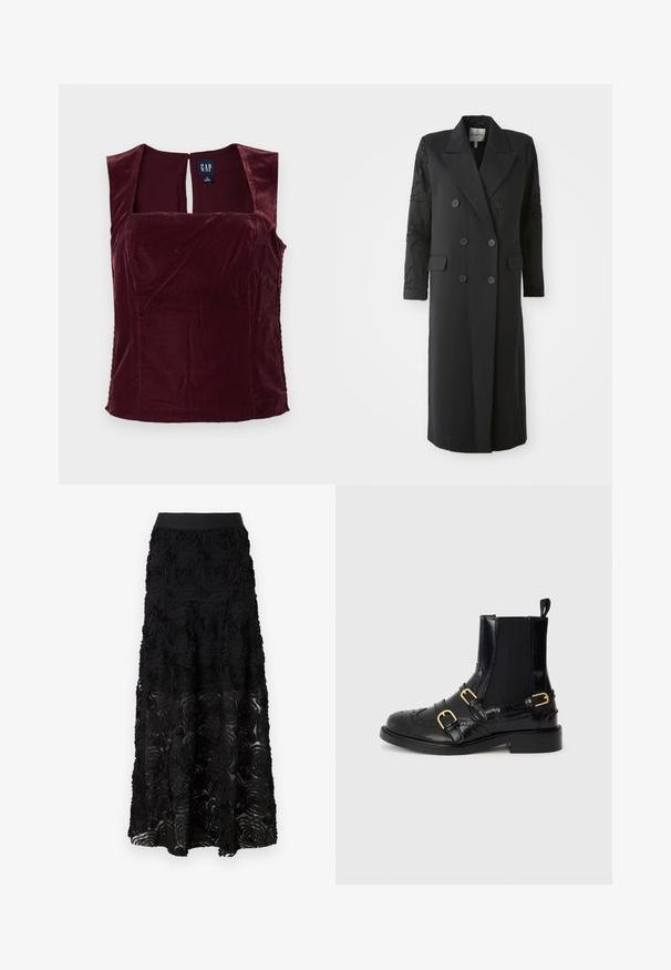 Manteau noir croisé avec un col prononcé, six boutons et des détails perlés sur les manches. Tissu lisse avec une coupe cintrée et une longueur longue.; Haut sans manches en velours bordeaux avec une encolure carrée et un détail en trou de serrure au dos ; texture lisse et design ajusté.; Maje JOSINO - Jupe longue - noir; Bottines en cuir noir avec détails de brogue, double boucle dorée, panneaux élastiques sur les côtés et semelle texturée. Comprend une languette à l'arrière.