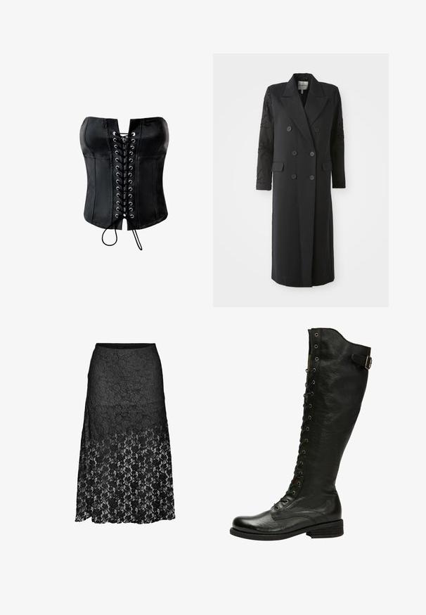 Manteau noir croisé avec un col prononcé, six boutons et des détails perlés sur les manches. Tissu lisse avec une coupe cintrée et une longueur longue.; Corset en satin noir avec une forme structurée, devant lacé avec des œillets argentés et une finition lisse. Dispose d'un décolleté droit sans bretelles.; Jupe midi en dentelle noire avec motif floral, taille ajustée et partie inférieure semi-transparente, présentée sur fond blanc.; Botte en cuir noir hauteur genou avec un laçage à l'avant, œillets en métal argenté et boucle sur le côté. Présente une finition texturée et un talon empilé.