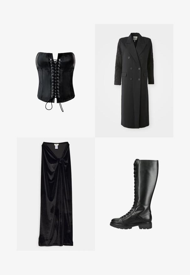 Manteau noir croisé avec un col prononcé, six boutons et des détails perlés sur les manches. Tissu lisse avec une coupe cintrée et une longueur longue.; Corset en satin noir avec une forme structurée, devant lacé avec des œillets argentés et une finition lisse. Dispose d'un décolleté droit sans bretelles.; GmbH LONG SKIRT WITH A KNOT - Jupe longue - black; Botte haute en cuir noir à lacets avec semelle épaisse et bout rond, conçue à la fois pour le style et la durabilité.